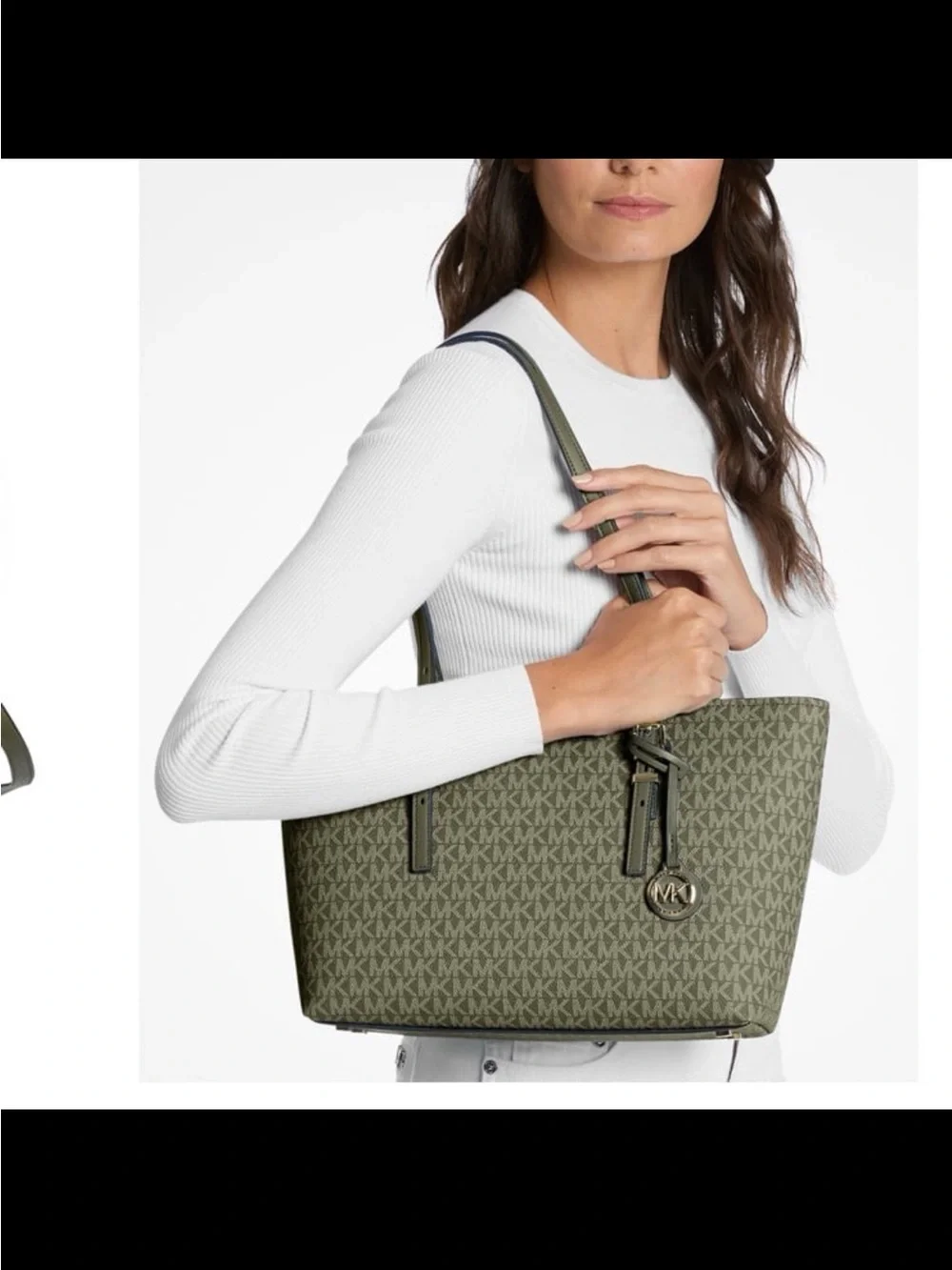 Michael Kors Olive MK Logo Tote with Gold-Tone Charm